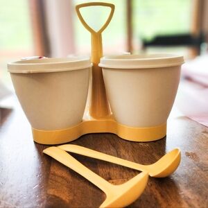 🇱🇷 70's Harvest Gold Condiment caddy with 2 spoons #757-9/ #872 /# 733